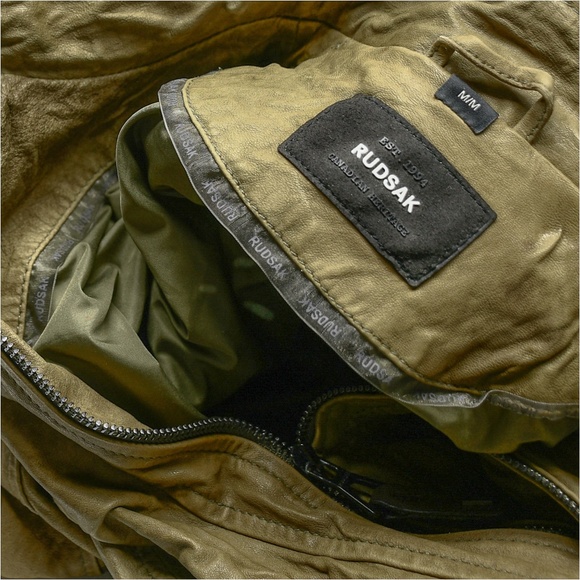 RUDSAK Khaki Crinkled Leather Cropped Moto Jacket Size M MSRP $550 - Picture 5 of 14